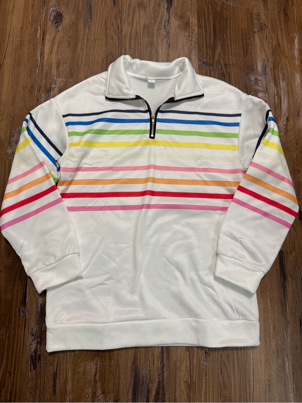 Women’s White Quarter-Zip Sweatershirt with Multi-Color Stripes